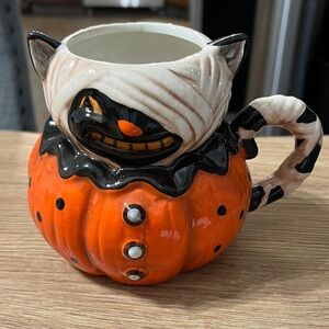 NWT Johanna Parker mug orange black cat polkadot